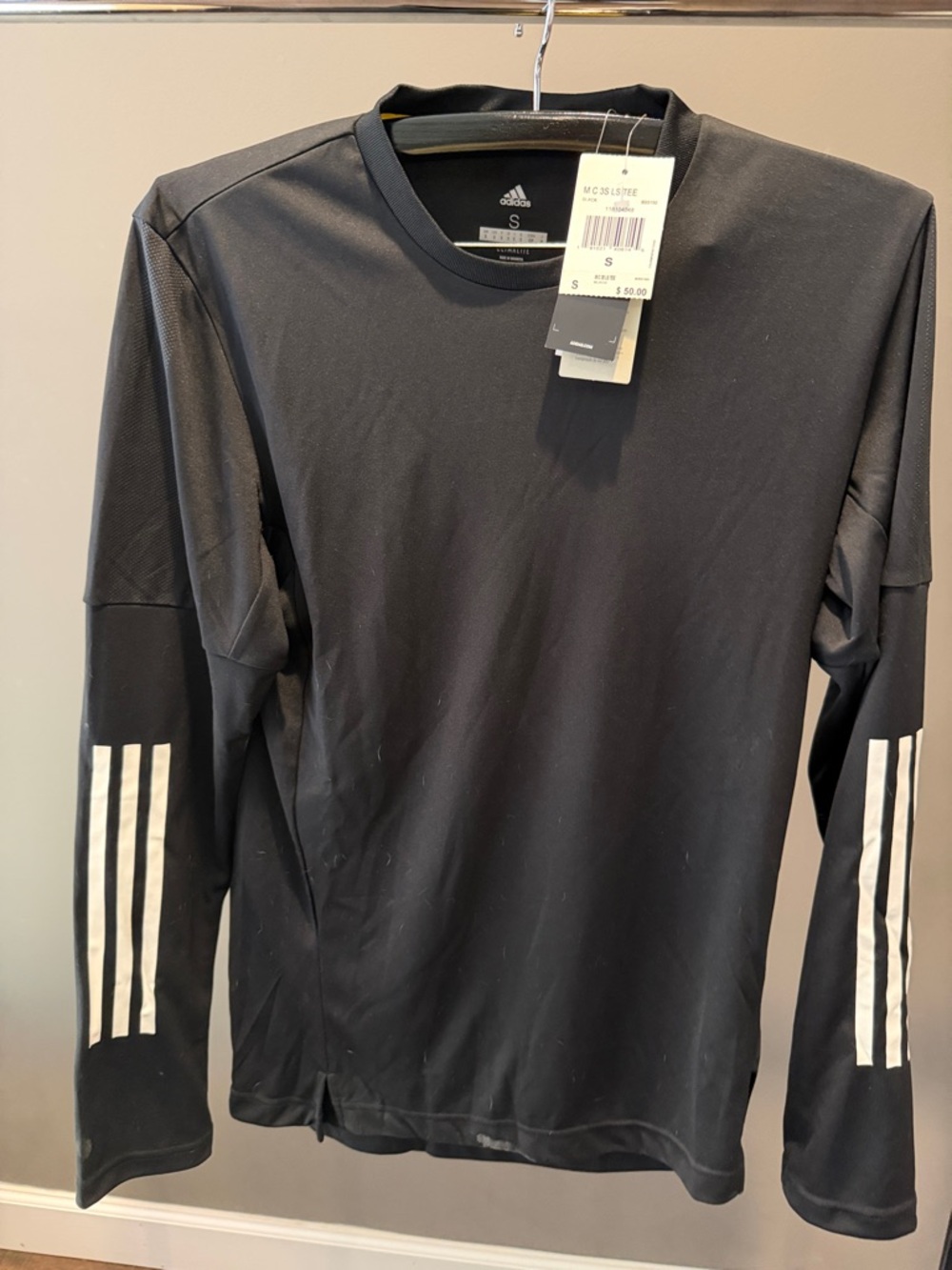 adidas Black Long-Sleeve Athletic Climalite Tee with White Sleeve Stripes